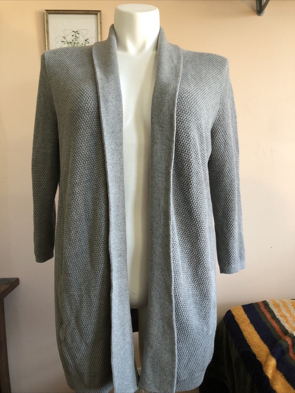 NWOT Lands End Grey Open Front Long Cardigan Sweater Large Pockets 3/4 Sleeve